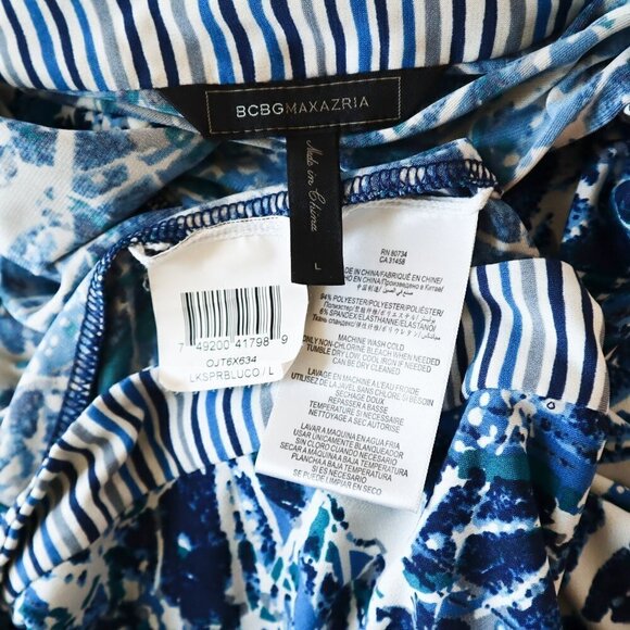BCBGMaxAzria Adele Blue Abstract and Stripe Print Stretch Jersey Wrap Dress L - Picture 5 of 5